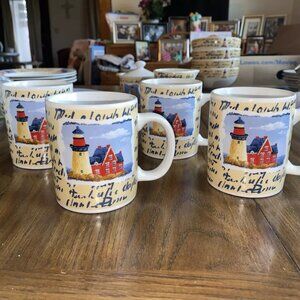 Thompson Pottery Coffee Mugs Nautical Lighthouse Sailboats Red White Blue Used